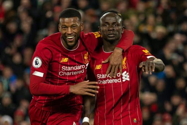 LIVERPOOL, ENGLAND - Monday, February 24, 2020: Liverpool's Sadio Mané celebrates with Georginio Wijnaldum during the FA Premier League match between Liverpool FC and West Ham United FC at Anfield. Liverpool won 3-2. (Pic by David Rawcliffe/Propaganda)