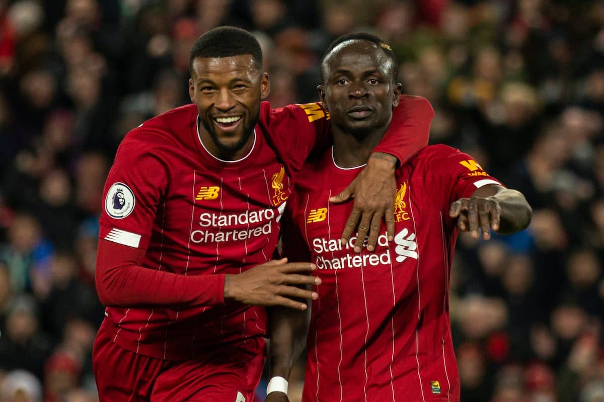 LIVERPOOL, ENGLAND - Monday, February 24, 2020: Liverpool's Sadio Mané celebrates with Georginio Wijnaldum during the FA Premier League match between Liverpool FC and West Ham United FC at Anfield. Liverpool won 3-2. (Pic by David Rawcliffe/Propaganda)