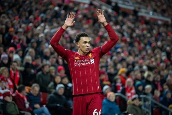 LIVERPOOL, ENGLAND - Monday, February 24, 2020: Liverpool's Trent Alexander-Arnold signals to team-mates as he takes a corner-kick during the FA Premier League match between Liverpool FC and West Ham United FC at Anfield. (Pic by David Rawcliffe/Propaganda)