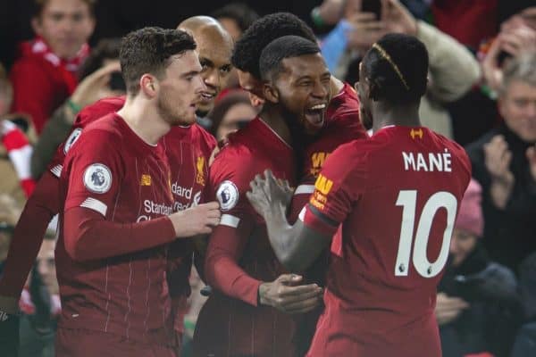 LIVERPOOL, ENGLAND - Monday, February 24, 2020: Liverpool's Georginio Wijnaldum (C) celebrates with team-mates after scoring the first goal during the FA Premier League match between Liverpool FC and West Ham United FC at Anfield. Liverpool won 3-2. (Pic by David Rawcliffe/Propaganda)