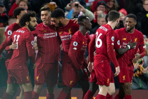 LIVERPOOL, ENGLAND - Monday, February 24, 2020: Liverpool's Georginio Wijnaldum (R) celebrates with team-mates after scoring the first goal during the FA Premier League match between Liverpool FC and West Ham United FC at Anfield. Liverpool won 3-2. (Pic by David Rawcliffe/Propaganda)