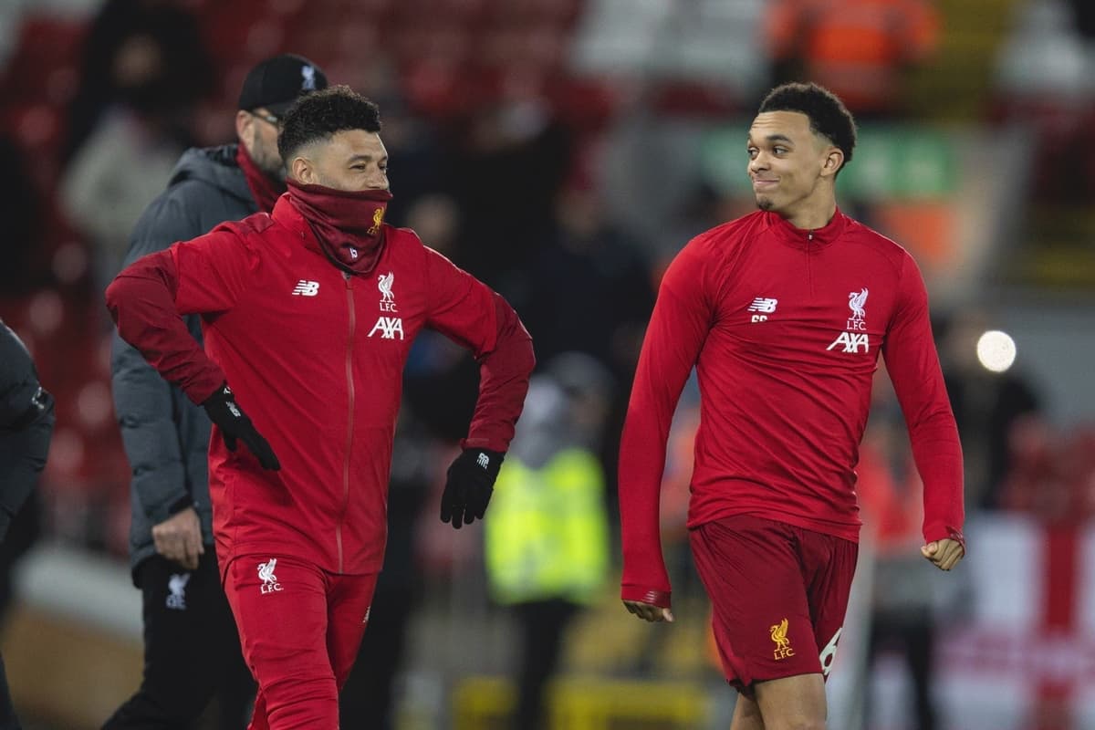 LIVERPOOL, ENGLAND - Monday, February 24, 2020: Liverpool's Alex Oxlade-Chamberlain (L) and Trent Alexander-Arnold during the pre-match warm-up before the FA Premier League match between Liverpool FC and West Ham United FC at Anfield. (Pic by David Rawcliffe/Propaganda)