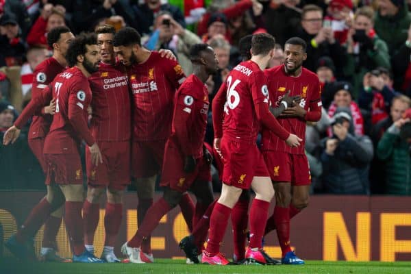 LIVERPOOL, ENGLAND - Monday, February 24, 2020: Liverpool's Georginio Wijnaldum celebrates scoring the first goal during the FA Premier League match between Liverpool FC and West Ham United FC at Anfield. (Pic by David Rawcliffe/Propaganda)