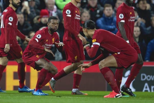 LIVERPOOL, ENGLAND - Monday, February 24, 2020: Liverpool's Georginio Wijnaldum (L) celebrates scoring the first goal with Virgil van Dijk during the FA Premier League match between Liverpool FC and West Ham United FC at Anfield. (Pic by David Rawcliffe/Propaganda)