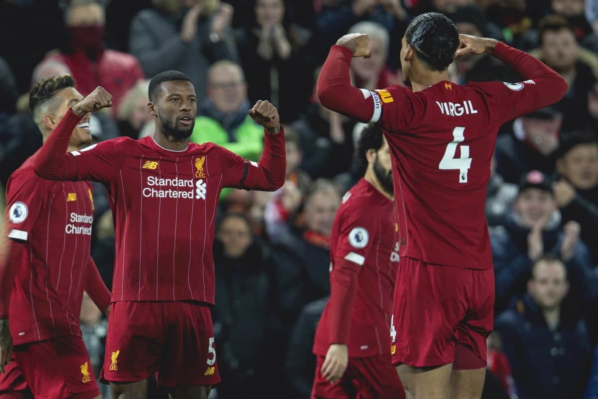 LIVERPOOL, ENGLAND - Monday, February 24, 2020: Liverpool's Georginio Wijnaldum (L) celebrates scoring the first goal with Virgil van Dijk during the FA Premier League match between Liverpool FC and West Ham United FC at Anfield. (Pic by David Rawcliffe/Propaganda)