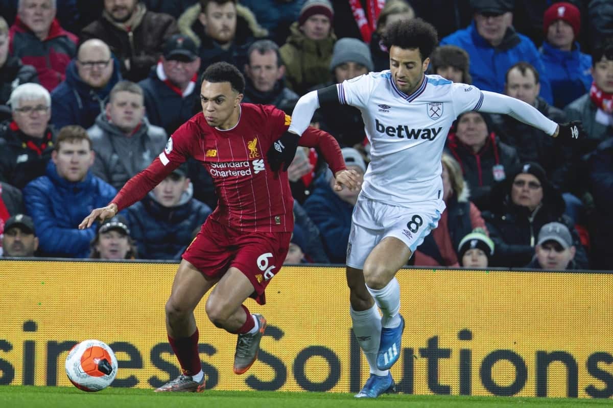 LIVERPOOL, ENGLAND - Monday, February 24, 2020: Liverpool's Trent Alexander-Arnold (L) and West Ham United's Felipe Anderson during the FA Premier League match between Liverpool FC and West Ham United FC at Anfield. (Pic by David Rawcliffe/Propaganda)