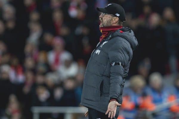 LIVERPOOL, ENGLAND - Monday, February 24, 2020: Liverpool's manager Jürgen Klopp reacts during the FA Premier League match between Liverpool FC and West Ham United FC at Anfield. (Pic by David Rawcliffe/Propaganda)