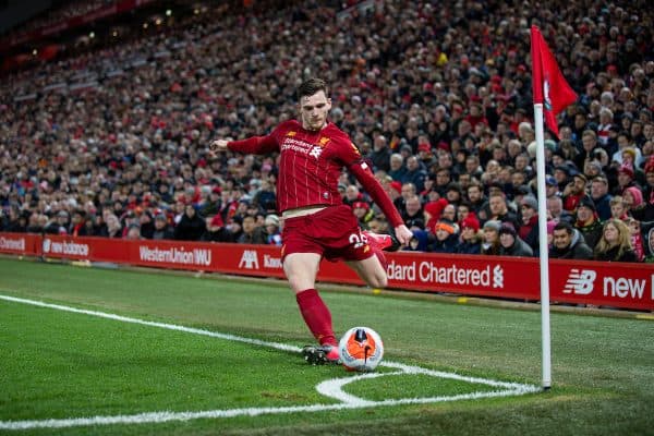 LIVERPOOL, ENGLAND - Monday, February 24, 2020: Liverpool's Andy Robertson takes a corner-kick during the FA Premier League match between Liverpool FC and West Ham United FC at Anfield. (Pic by David Rawcliffe/Propaganda)