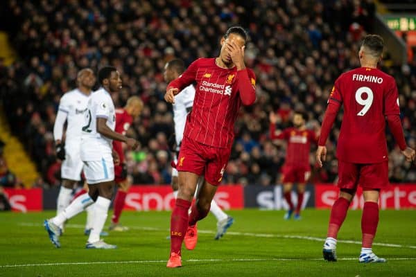 LIVERPOOL, ENGLAND - Monday, February 24, 2020: Liverpool's Virgil van Dijk looks dejected after missing a chance during the FA Premier League match between Liverpool FC and West Ham United FC at Anfield. (Pic by David Rawcliffe/Propaganda)