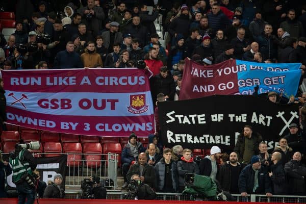 LIVERPOOL, ENGLAND - Monday, February 24, 2020: West Ham United supporters protest against their owners during the FA Premier League match between Liverpool FC and West Ham United FC at Anfield. (Pic by David Rawcliffe/Propaganda)