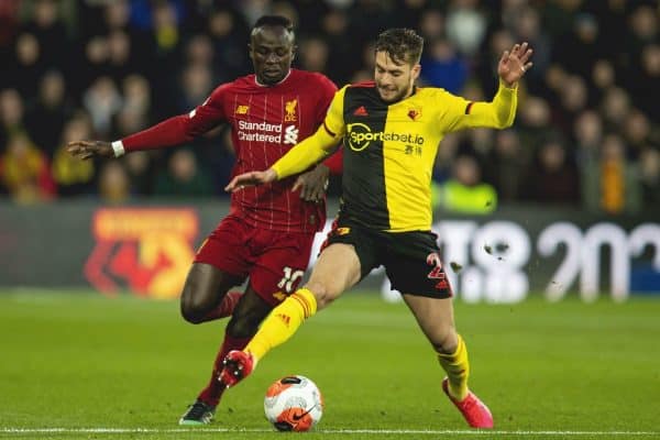 WATFORD, ENGLAND - Saturday, February 29, 2020: Liverpool's Sadio Mané l'; and Watford's Kiko Femenía during the FA Premier League match between Watford FC and Liverpool FC at Vicarage Road. (Pic by David Rawcliffe/Propaganda)