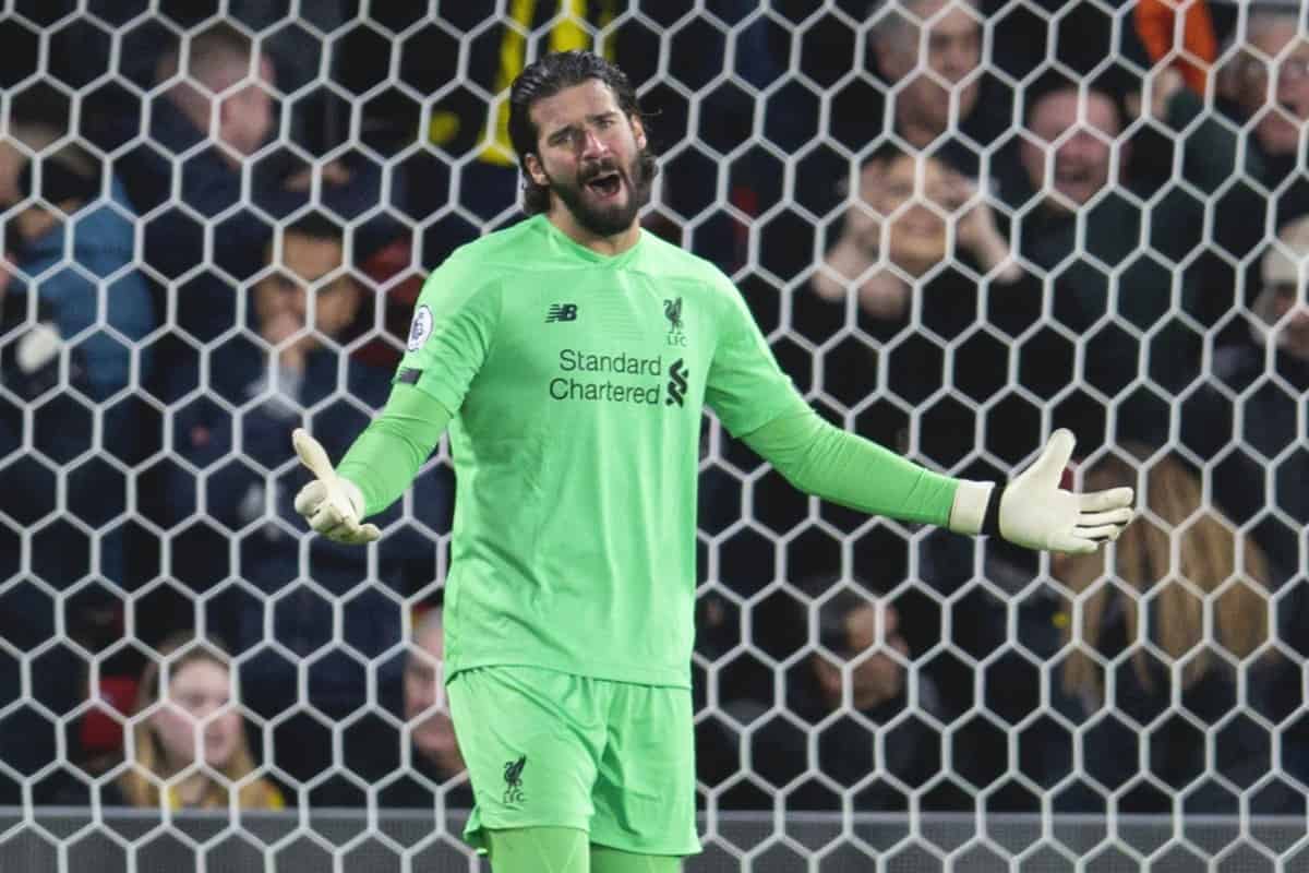 WATFORD, ENGLAND - Saturday, February 29, 2020: Liverpool's goalkeeper Alisson Becker looks dejected as Watford score the opening goal during the FA Premier League match between Watford FC and Liverpool FC at Vicarage Road. (Pic by David Rawcliffe/Propaganda)