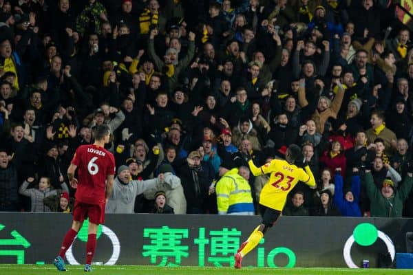 WATFORD, ENGLAND - Saturday, February 29, 2020: Watford's Ismaïla Sarr celebrates scoring the second goal during the FA Premier League match between Watford FC and Liverpool FC at Vicarage Road. (Pic by David Rawcliffe/Propaganda)