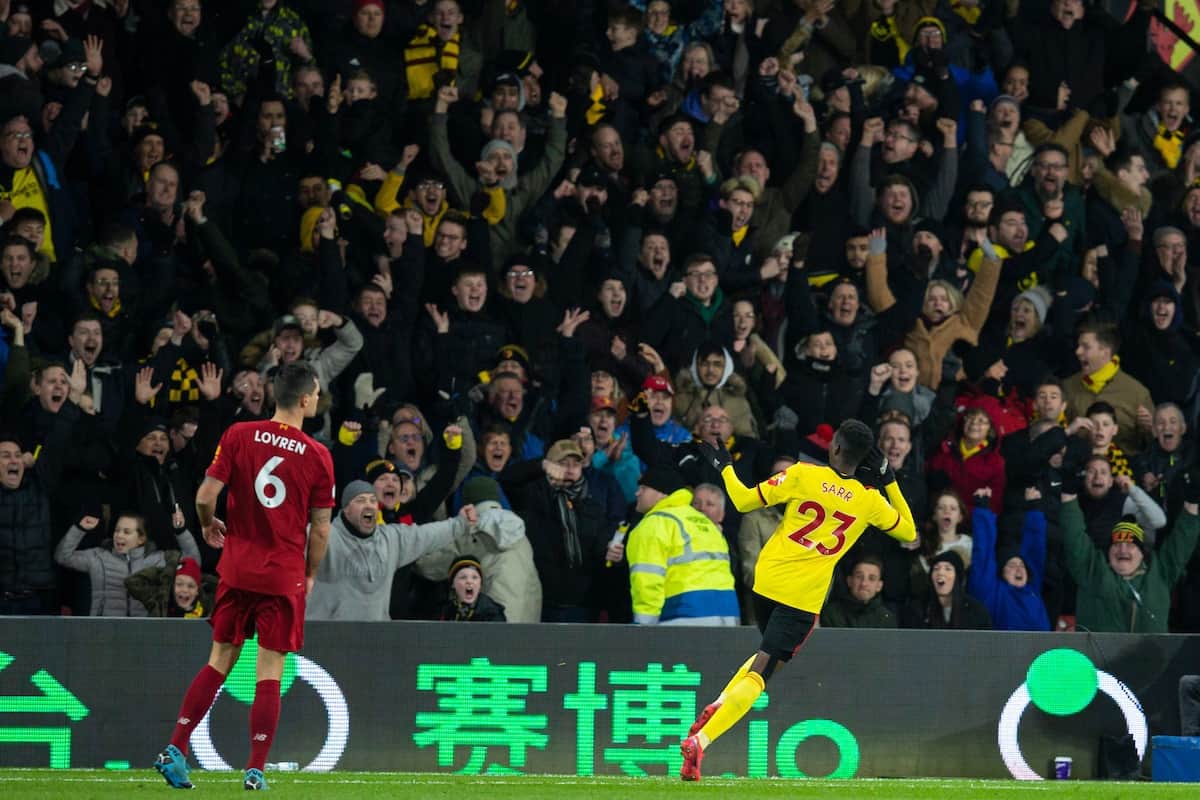 WATFORD, ENGLAND - Saturday, February 29, 2020: Watford's Ismaïla Sarr celebrates scoring the second goal during the FA Premier League match between Watford FC and Liverpool FC at Vicarage Road. (Pic by David Rawcliffe/Propaganda)