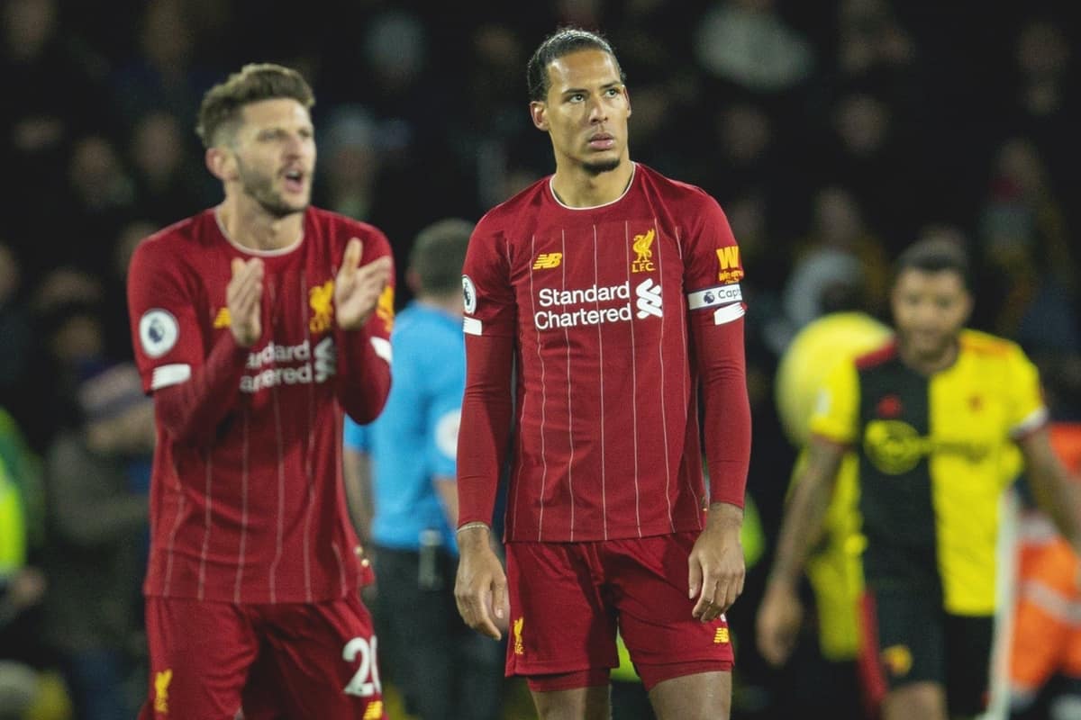 WATFORD, ENGLAND - Saturday, February 29, 2020: Liverpool's Virgil van Dijk looks dejected as Watford score the third goal during the FA Premier League match between Watford FC and Liverpool FC at Vicarage Road. (Pic by David Rawcliffe/Propaganda)