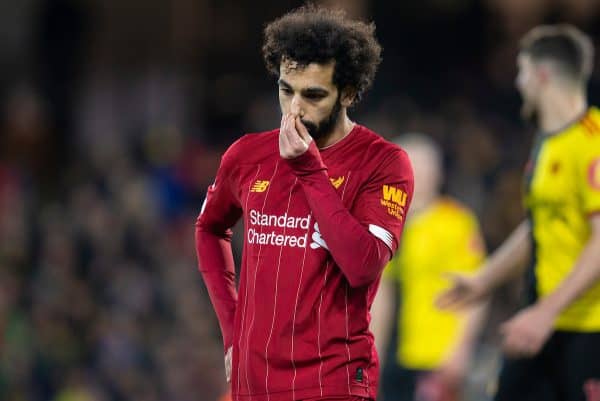 WATFORD, ENGLAND - Saturday, February 29, 2020: Liverpool's Mohamed Salah looks dejected as his side lose their first league game during the FA Premier League match between Watford FC and Liverpool FC at Vicarage Road. (Pic by David Rawcliffe/Propaganda)