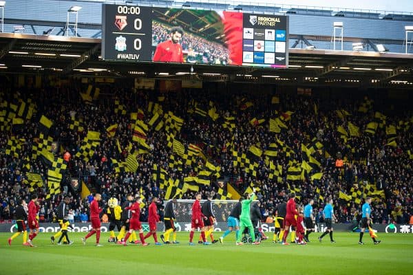 WATFORD, ENGLAND - Saturday, February 29, 2020: Liverpool during the FA and Watford players walk out before the Premier League match between Watford FC and Liverpool FC at Vicarage Road. (Pic by David Rawcliffe/Propaganda)