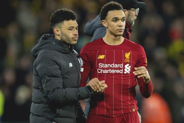 WATFORD, ENGLAND - Saturday, February 29, 2020: Liverpool's Alex Oxlade-Chamberlain (L) and Trent Alexander-Arnold after the FA Premier League match between Watford FC and Liverpool FC at Vicarage Road. Watford won 3-0. (Pic by David Rawcliffe/Propaganda)