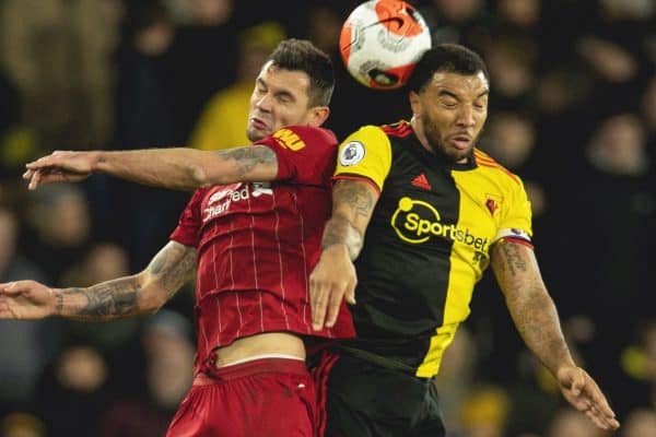 WATFORD, ENGLAND - Saturday, February 29, 2020: Liverpool's Dejan Lovren (L) challenges for a header with Watford's captain Troy Deeney during the FA Premier League match between Watford FC and Liverpool FC at Vicarage Road. (Pic by David Rawcliffe/Propaganda)