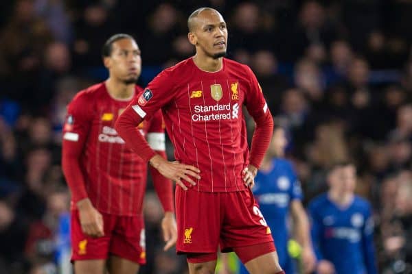 LONDON, ENGLAND - Tuesday, March 3, 2020: Liverpool's Fabio Henrique Tavares 'Fabinho' looks dejected as Chelsea score a second goal during the FA Cup 5th Round match between Chelsea FC and Liverpool FC at Stamford Bridge. (Pic by David Rawcliffe/Propaganda)