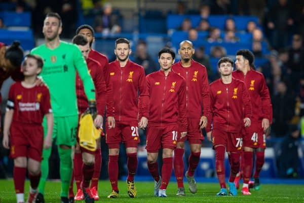 LONDON, ENGLAND - Tuesday, March 3, 2020: Liverpool's Takumi Minamino and his team-mates walk out before the FA Cup 5th Round match between Chelsea FC and Liverpool FC at Stamford Bridge. (Pic by David Rawcliffe/Propaganda)