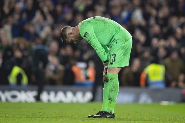 LONDON, ENGLAND - Tuesday, March 3, 2020: Liverpool's goalkeeper Adrián San Miguel del Castillo looks dejected as Chelsea's score the opening goal during the FA Cup 5th Round match between Chelsea FC and Liverpool FC at Stamford Bridge. (Pic by David Rawcliffe/Propaganda)