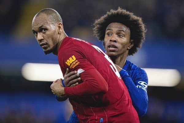 LONDON, ENGLAND - Tuesday, March 3, 2020: Liverpool's Fabio Henrique Tavares 'Fabinho' (L) and Chelsea's Willian Borges da Silva during the FA Cup 5th Round match between Chelsea FC and Liverpool FC at Stamford Bridge. (Pic by David Rawcliffe/Propaganda)