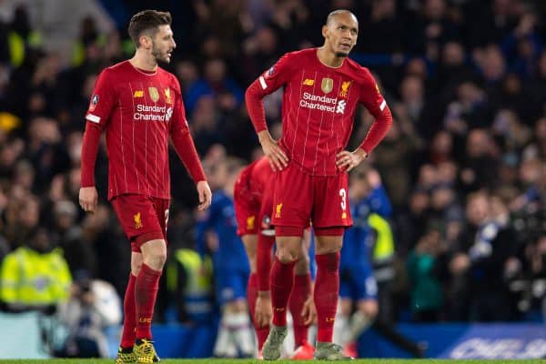 LONDON, ENGLAND - Tuesday, March 3, 2020: Liverpool's Adam Lallana (L)and Fabio Henrique Tavares 'Fabinho' look dejected as Chelsea score the second goal during the FA Cup 5th Round match between Chelsea FC and Liverpool FC at Stamford Bridge. (Pic by David Rawcliffe/Propaganda)