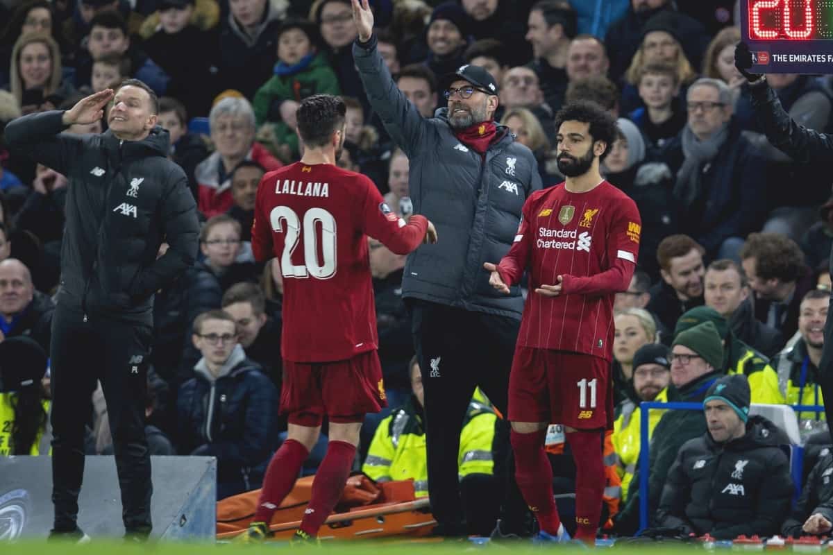 LONDON, ENGLAND - Tuesday, March 3, 2020: Liverpool's Mohamed Salah replaces Adam Lallana during the FA Cup 5th Round match between Chelsea FC and Liverpool FC at Stamford Bridge. (Pic by David Rawcliffe/Propaganda)