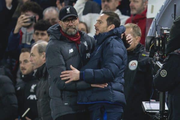 LONDON, ENGLAND - Tuesday, March 3, 2020: Liverpool's manager Jürgen Klopp and Chelsea's manager Frank Lampard embrace after the FA Cup 5th Round match between Chelsea FC and Liverpool FC at Stamford Bridge. Chelsea won 2-0. (Pic by David Rawcliffe/Propaganda)