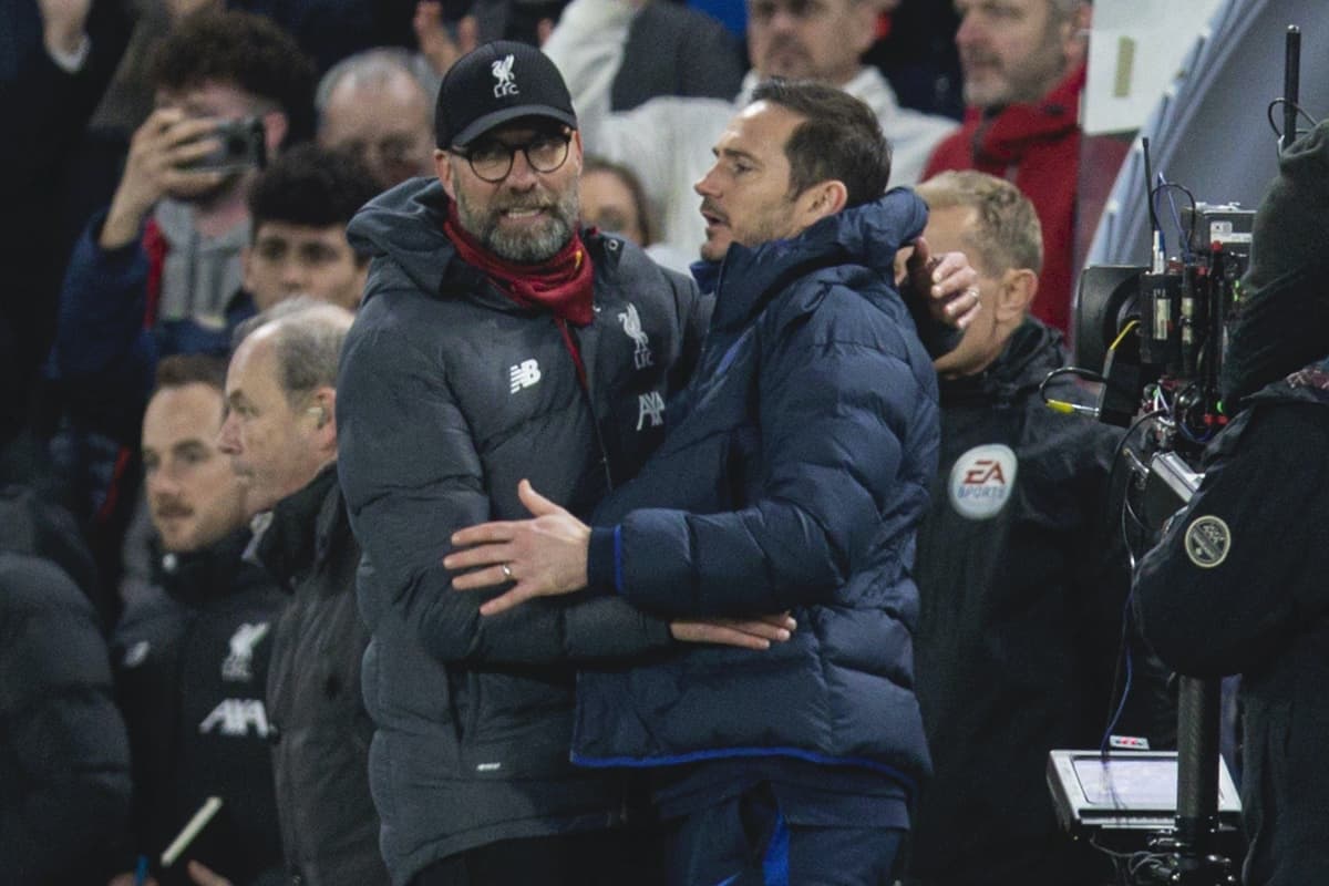 LONDON, ENGLAND - Tuesday, March 3, 2020: Liverpool's manager Jürgen Klopp and Chelsea's manager Frank Lampard embrace after the FA Cup 5th Round match between Chelsea FC and Liverpool FC at Stamford Bridge. Chelsea won 2-0. (Pic by David Rawcliffe/Propaganda)