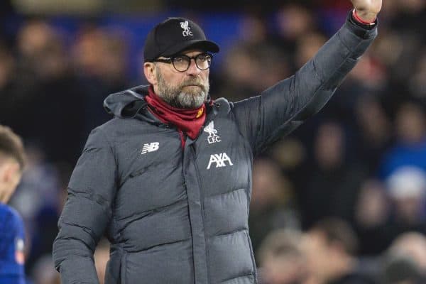 LONDON, ENGLAND - Tuesday, March 3, 2020: Liverpool's manager Jürgen Klopp waves goodbye to the FA Cup, again, after the FA Cup 5th Round match between Chelsea FC and Liverpool FC at Stamford Bridge. Chelsea won 2-0. (Pic by David Rawcliffe/Propaganda)