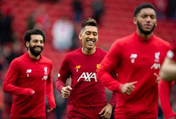 Salah, Firmino, Gomez, matchday warmup. (Pic by David Rawcliffe/Propaganda)