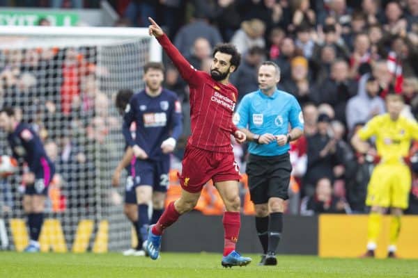 LIVERPOOL, ENGLAND - Saturday, March 7, 2020: Liverpool's Mohamed Salah celebrates scoring his side's first equalising goal during the FA Premier League match between Liverpool FC and AFC Bournemouth at Anfield. (Pic by David Rawcliffe/Propaganda)