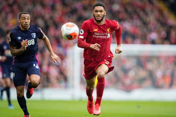 LIVERPOOL, ENGLAND - Saturday, March 7, 2020: Liverpool's Joe Gomez during the FA Premier League match between Liverpool FC and AFC Bournemouth at Anfield. (Pic by David Rawcliffe/Propaganda)