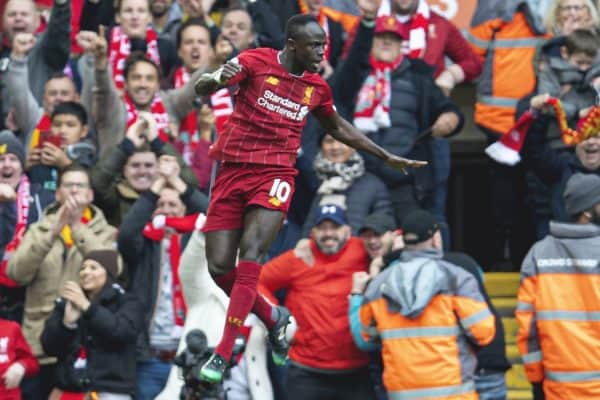 LIVERPOOL, ENGLAND - Saturday, March 7, 2020: Liverpool's Sadio Mané celebrates scoring the second goal during the FA Premier League match between Liverpool FC and AFC Bournemouth at Anfield. (Pic by David Rawcliffe/Propaganda)