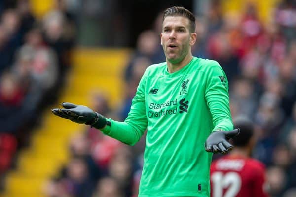 LIVERPOOL, ENGLAND - Saturday, March 7, 2020: Liverpool's goalkeeper Adrián San Miguel del Castillo during the FA Premier League match between Liverpool FC and AFC Bournemouth at Anfield. (Pic by David Rawcliffe/Propaganda)