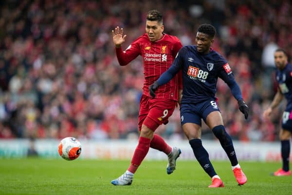 LIVERPOOL, ENGLAND - Saturday, March 7, 2020: Liverpool's Roberto Firmino (L) and AFC Bournemouth's Jefferson Lerma during the FA Premier League match between Liverpool FC and AFC Bournemouth at Anfield. (Pic by David Rawcliffe/Propaganda)