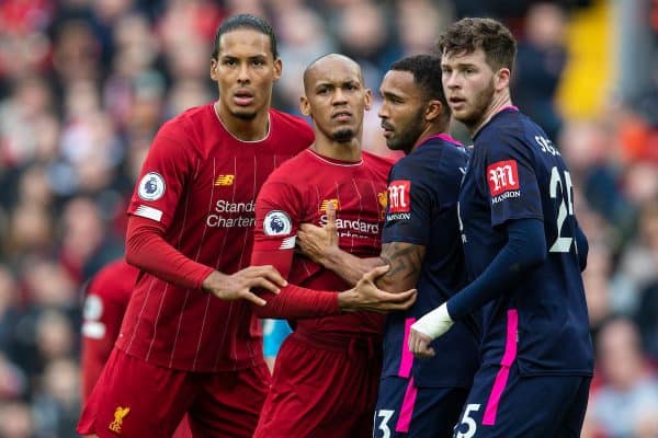 LIVERPOOL, ENGLAND - Saturday, March 7, 2020: Liverpool's Virgil van Dijk (L) and Fabio Henrique Tavares 'Fabinho' during the FA Premier League match between Liverpool FC and AFC Bournemouth at Anfield. (Pic by David Rawcliffe/Propaganda)