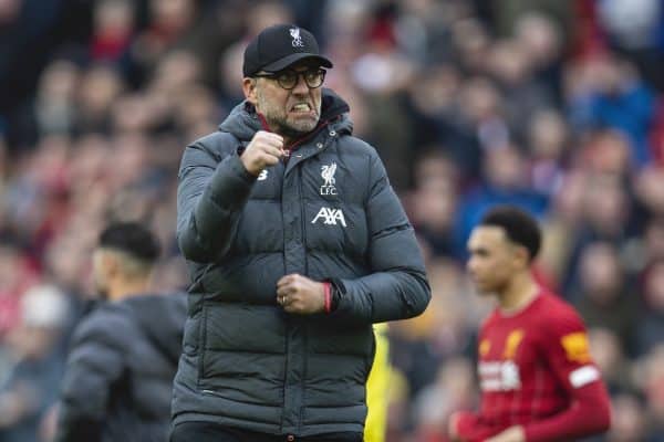 LIVERPOOL, ENGLAND - Saturday, March 7, 2020: Liverpool's manager Jürgen Klopp celebrates after the FA Premier League match between Liverpool FC and AFC Bournemouth at Anfield. Liverpool won 2-1. (Pic by David Rawcliffe/Propaganda)