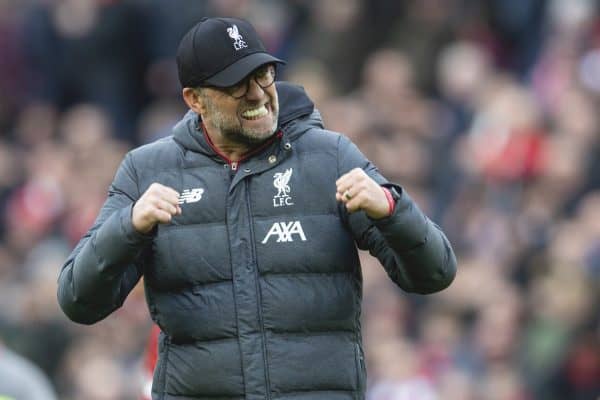 LIVERPOOL, ENGLAND - Saturday, March 7, 2020: Liverpool's manager Jürgen Klopp celebrates after the FA Premier League match between Liverpool FC and AFC Bournemouth at Anfield. Liverpool won 2-1. (Pic by David Rawcliffe/Propaganda)