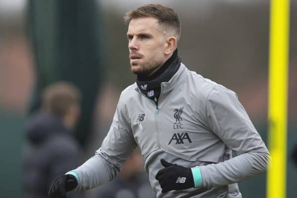 LIVERPOOL, ENGLAND - Tuesday, March 10, 2020: Liverpool's captain Jordan Henderson during a training session at Melwood Training Ground ahead of the UEFA Champions League Round of 16 2nd Leg match between Liverpool FC and Club Atlético de Madrid. (Pic by David Rawcliffe/Propaganda)