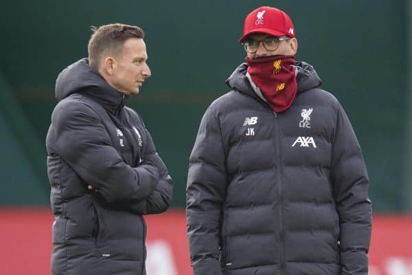 LIVERPOOL, ENGLAND - Tuesday, March 10, 2020: Liverpool's manager Jürgen Klopp (R) and first-team development coach Pepijn Lijnders during a training session at Melwood Training Ground ahead of the UEFA Champions League Round of 16 2nd Leg match between Liverpool FC and Club Atlético de Madrid. (Pic by David Rawcliffe/Propaganda)