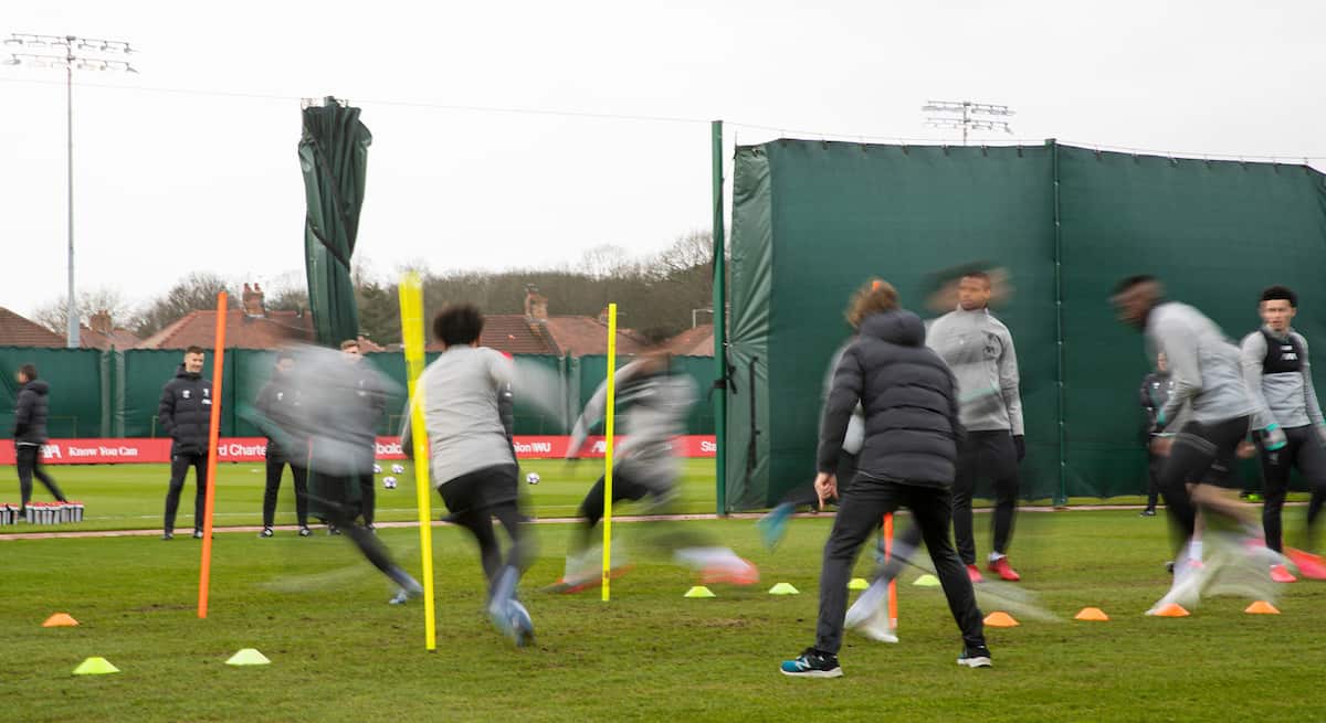 LIVERPOOL, ENGLAND - Tuesday, March 10, 2020: Liverpool players during a training session at Melwood Training Ground ahead of the UEFA Champions League Round of 16 2nd Leg match between Liverpool FC and Club Atlético de Madrid. (Pic by David Rawcliffe/Propaganda)