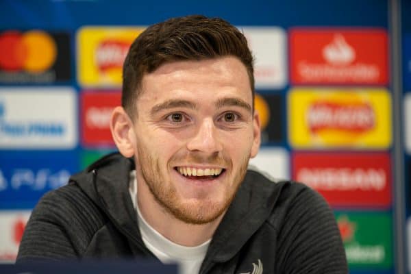 LIVERPOOL, ENGLAND - Tuesday, March 10, 2020: Liverpool's Andy Robertson during a press conference at Anfield ahead of the UEFA Champions League Round of 16 2nd Leg match between Liverpool FC and Club Atlético de Madrid. (Pic by David Rawcliffe/Propaganda)