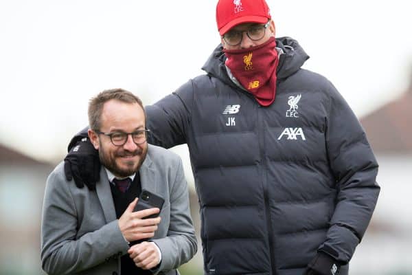 LIVERPOOL, ENGLAND - Tuesday, March 10, 2020: Liverpool's manager Jürgen Klopp playfully grapples with press officer Matt McCann during a training session at Melwood Training Ground ahead of the UEFA Champions League Round of 16 2nd Leg match between Liverpool FC and Club Atlético de Madrid. (Pic by David Rawcliffe/Propaganda)