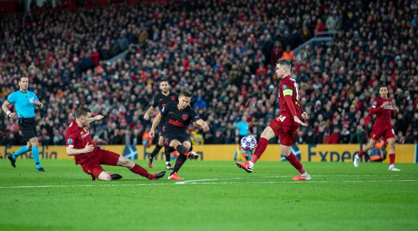 LIVERPOOL, ENGLAND - Wednesday, March 11, 2020: Liverpool's xxxx during the UEFA Champions League Round of 16 2nd Leg match between Liverpool FC and Club Atlético de Madrid at Anfield. (Pic by David Rawcliffe/Propaganda)