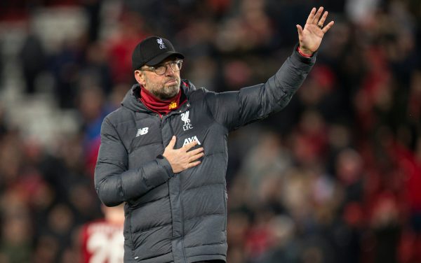 LIVERPOOL, ENGLAND - Wednesday, March 11, 2020: Liverpool's manager Jürgen Klopp waves goodbye to the Champions League after the UEFA Champions League Round of 16 2nd Leg match between Liverpool FC and Club Atlético de Madrid at Anfield. Club Atlético de Madrid won 3-2 (4-2 on aggregate). (Pic by David Rawcliffe/Propaganda)