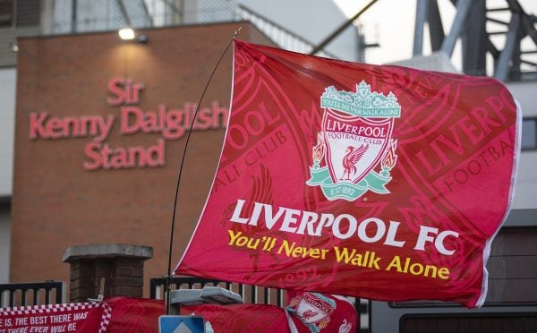 LIVERPOOL, ENGLAND - Wednesday, March 11, 2020: A Liverpool flag flutters in the wind before the UEFA Champions League Round of 16 2nd Leg match between Liverpool FC and Club Atlético de Madrid at Anfield. (Pic by David Rawcliffe/Propaganda)