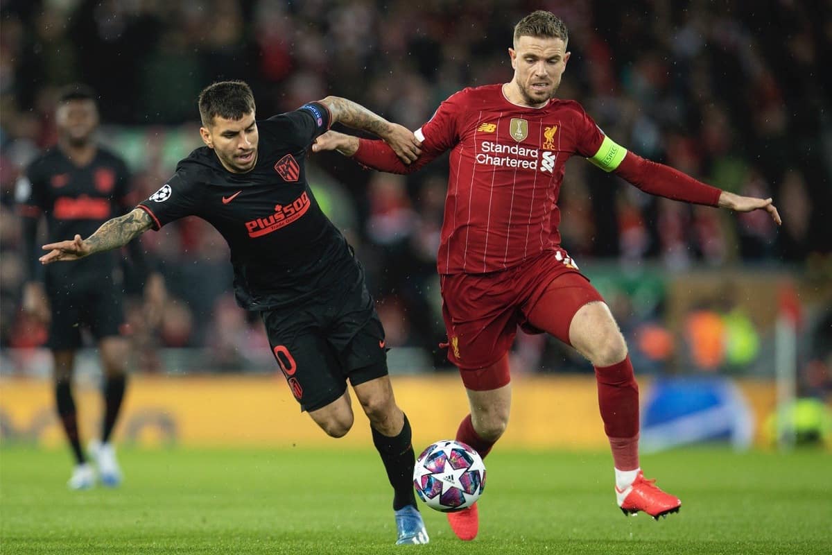 LIVERPOOL, ENGLAND - Wednesday, March 11, 2020: Liverpool's captain Jordan Henderson (R) and Club Atlético de Madrid's A?ngel Correa during the UEFA Champions League Round of 16 2nd Leg match between Liverpool FC and Club Atlético de Madrid at Anfield. (Pic by David Rawcliffe/Propaganda)